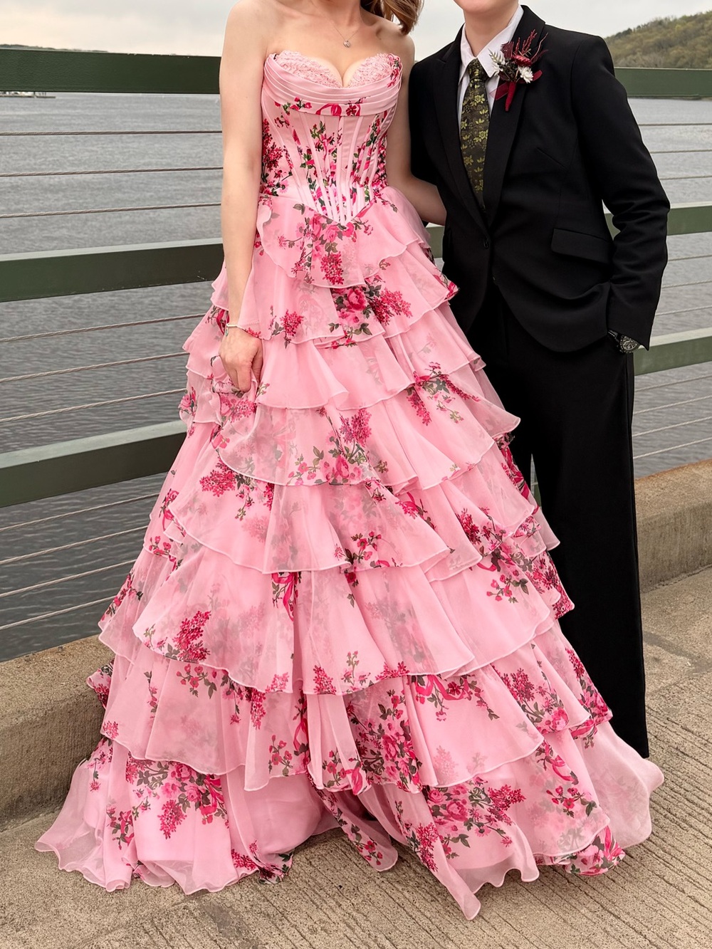 Sherri Hill Pink Floral Tiered Prom Dress - Picture 3 of 7